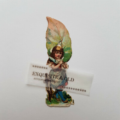 um 1900 Mädchen Kind Blatt Buche Natur Glanzbild Prägedruck Ephemera Luxuspapier