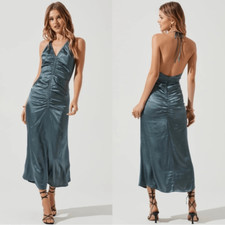 NEW ASTR THE LABEL TOLEDO RUCHED HALTER MIDI DRESS  STEEL BLUECOLOR