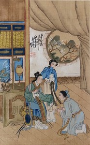 Beautiful Antique Chinese painting of a lady being attended to in an interior