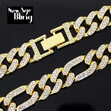 Mens 12mm Iced Double Row CZ Figaro Link 14k Gold Plated 7"-30" Necklace Hip Hop