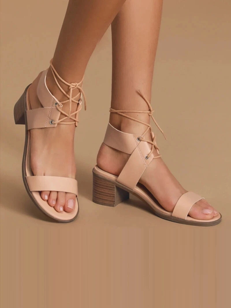 Sandali donna tacco quadrato 6 cm pelle sintetica beige lacci