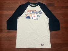 NEW HEY ARNOLD! RAGLAN T SHIRT MENS SMALL WHITE BLUE HILLWOOD BLACK SOX S NWT