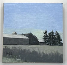 J R Baldini Oil on Canvas Plein Air Painting Evening Farm Barns At Dusk 3x3”