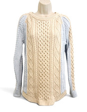 LL Bean Signature Women  s Sz S Color Block Cable Knit Fisherman Sweater Side Zip