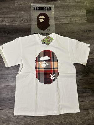 A Bathing Ape BAPE Ape Head Plaid Graphic White Men s Size M Crewneck Tee