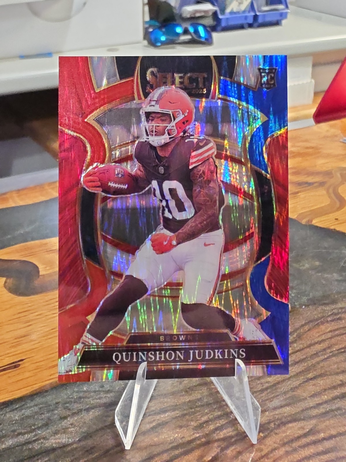 2025 Panini Select Quinshon Judkins Red & Blue Shock Prizm RC. Browns