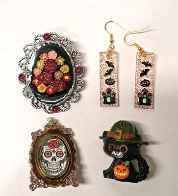 Halloween Jewelry OOAK Handmade Altered Lot 1 pair Earrings 3 + Pins Brooches