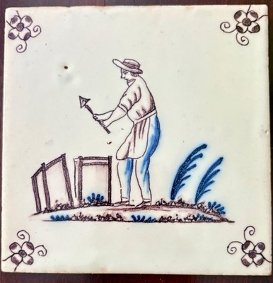 Vtge Desvres Faience Pottery  5 1/4'' Tile France Gabriel Fourmaintraux Mark