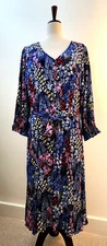 Talbots Blue Floral Garden Fit Flare Midi Dress Puff Sleeve Sz 16 Career Cottage