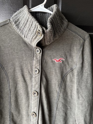 Hollister graue Knopfleiste Jacke Cardigan Pullover Rippkragen French Terry Fleece - Bild 2 von 10
