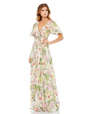 Mac Duggal Women's White Floral Print Flutter Sleeve A Line Gown Dress Size 2