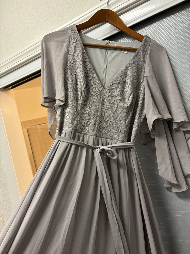 Maxi vestido de fiesta para mujer con manga de baile. Color: Gris, Talla: 10. Trabajo Floral Foto 3 de 4