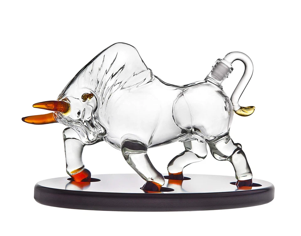 Animal Whiskey Decanter Bull On Wooden Display Tray - For Liquor Scotch Vodka... - Image 2 of 3