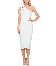XSCAPE Womens Flower Trim One Shoulder Dress, white, 4
