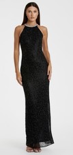 Mac Duggal Dress Gown Womens Size 8 Black Beaded Rhinestones Halter Neck 93742￼