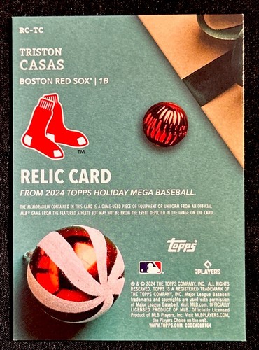 2024 Topps Holiday Mega Box Triston Casas #RC-TC Game Used Relic Card Red Sox - Picture 2 of 2