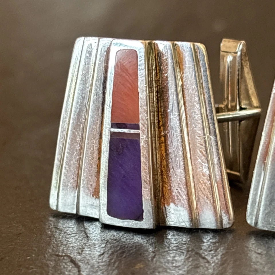 Gemelos Ray Tracey Navajo Vintage con incrustaciones al ras de plata de ley Charoite raros 31 Foto 2 de 4