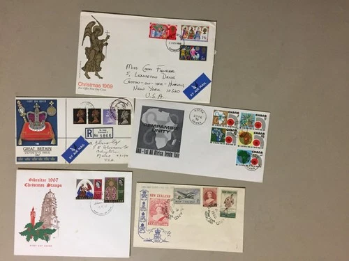 Five covers with pre decimal stamp:Gibraltar,Ghana,New Zealand,2X GB fdc-one reg