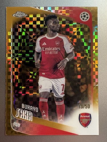 Bukayo Saka 2025-26 Topps Chrome UEFA Club #12 GOLD X-FRACTOR #13/50! CLEAN!
