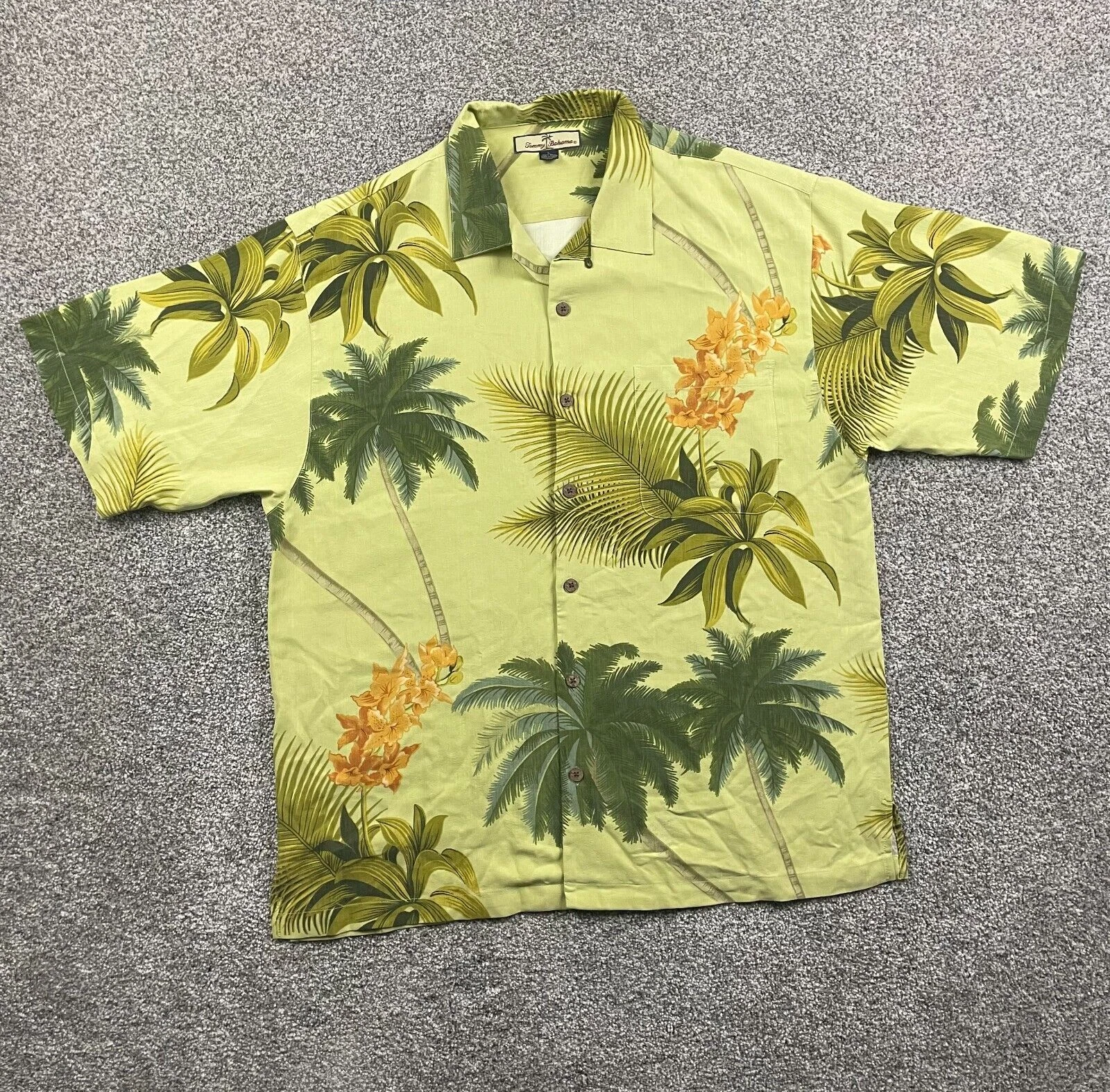 Tommy Bahama Shirt Mens L Yellow Silk Floral Leaf Button Up Hawaiian Aloha Camp