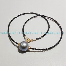 Faceted 3mm Bright Black Spinel Round Gems 11-12mm Gray Pearl Necklace 14-32''