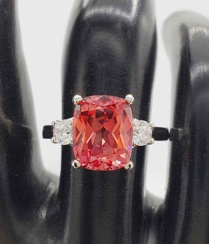 Anello 10x8 mm taglio cuscino allungato zaffiro zaffiro arancione laboratorio per donna - Foto 7 di 8