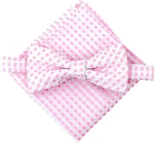 Pre-Tied Pink and White Bowtie and Pocket Square Set - Checkered Tuxedo Set