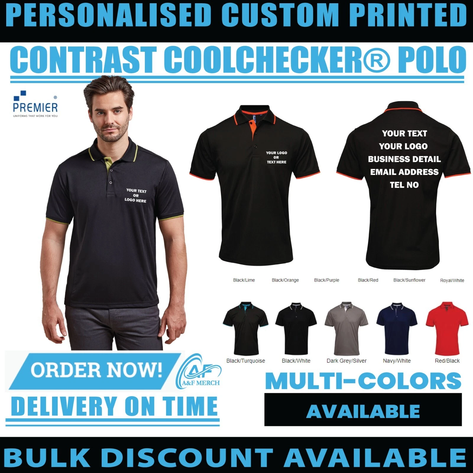 Personalised Custom Premier Contrast CoolChecker Polo Casual Short Sleeve PR618