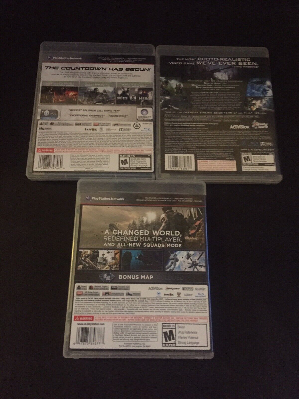 PS3 Video Game Lot of 2: Splinter Cell Blacklist, Call of Duty Ghosts w/  Inserts