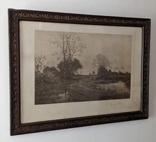 Rare Decoratively Framed Antique Landscape Engraving "THE TWILIGHT HOUR" 