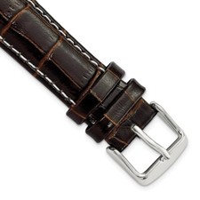 18mm 7.5" Brown Croc-Style Leather White Stitch Silver-tone Buckle Watch Band
