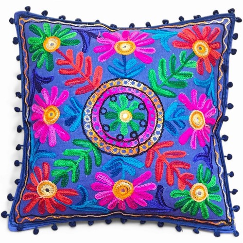 Indian Suzani Pom Pom Cushion Covers Floral Embroidered Boho Case UK 40 x 40 cms - Picture 11 of 20