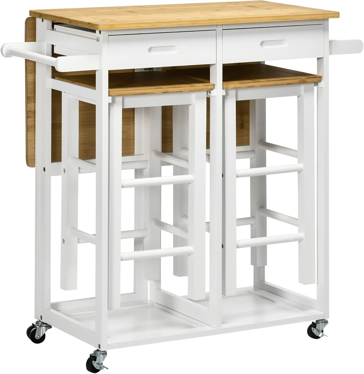 Table de bar avec chariot de cuisine pliant à roulettes et 2 tabourets en bois noir