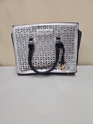 MICHAEL KORS PERFORATED HAMILTON BAG BLACK WITH SILVER RARE Medium Wear New $325