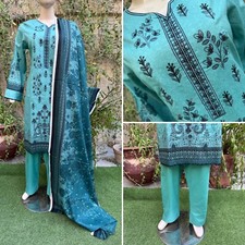Pakistani Blue Printed Straight Shirt 3-PCS Lawn Suit w/ Threadwork ,XL 2