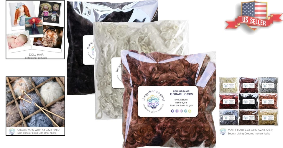 Organic Hand Dyed Real Mohair Locks for Crafting - 3 Oz in White, Brown, Black - Image 2 of 4