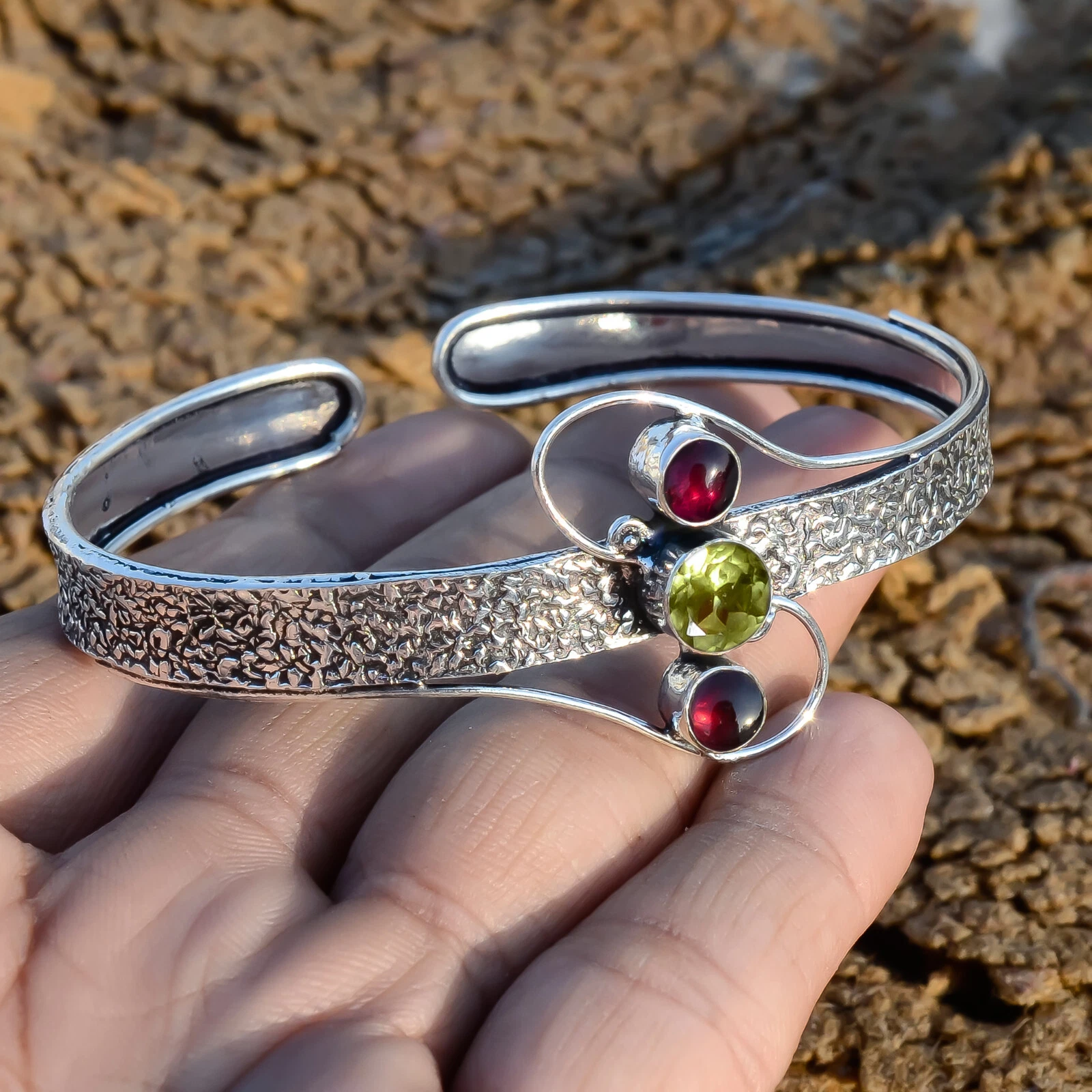 VALENTINO Bracciale Gemme Granato Rosso Taglio Peridoto Verde Bracciale Gioielli Argento Sterling 925