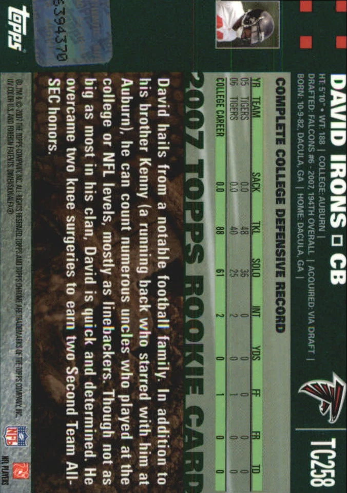 A7919- 2007 Topps Chrome Rookie Autographs #TC258 David Irons F Auto - NM-MT - Image 2 of 2