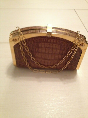Handtasche Vintage Antik Echtleder gold Krokodilleder Tasche aus