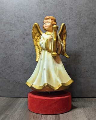 Vintage Nasco Musical Angel Flocked Stand,  Plays Holy Night Harp w/Gold Wings