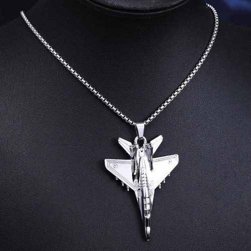 Stainless Steel F-18 Fighter Jet Retro Pendant & 3mm 24' Rolo Chain Necklace - Picture 4 of 6