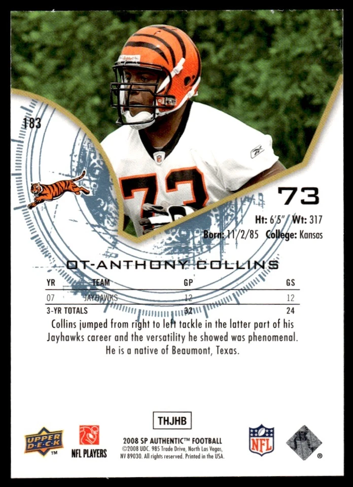 2008 SP Authentic Anthony Collins Rookie 056/999 Cincinnati Bengals #183 R41 - Image 2 of 2