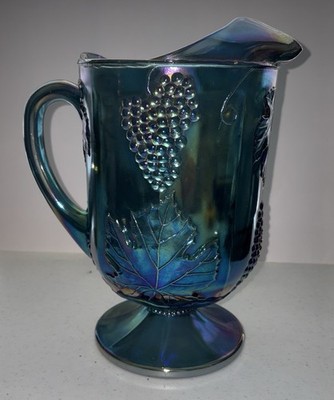 Indiana Carnival Glass Pitcher Iridescent Blue Harvest Grape 64oz Vintage