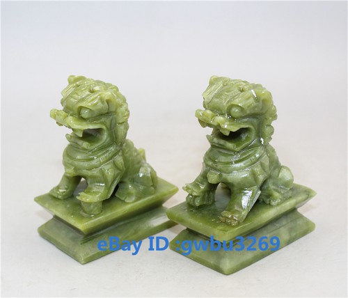 Un par de leones protectores de perro Fengshui Foo Fu tallados en jade verde china natural 22539 - Imagen 2 de 8