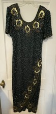 Laurence Kazar Vtg Sz L 100% Silk Sequin Fully Beaded Dark Green Evening Gown