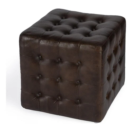 Leon Button Tufted Leather Ottoman - Picture 1 of 3