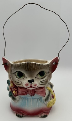 #ad Vintage Cottage Kitty Floral Vase Wire Handle Formerly Royal Sealey Biscuit Jar $35.00
