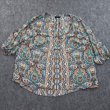 Tahari Woman Paisley Print V-Neck 3/4 Sleeve Button Front Blouse Top 2XL