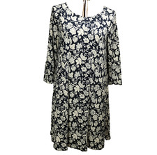 Ann Taylor Loft Floral Shift Dress 3/4 Sleeve Cutout Back Stretch Blue & White M