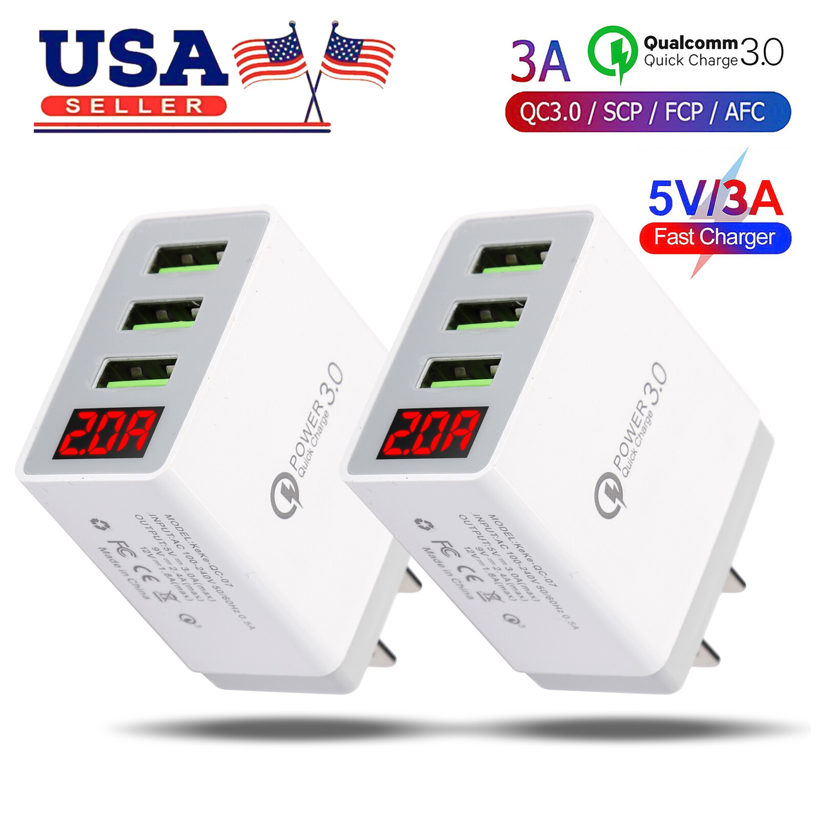 2 Pack  Fast Quick Charge QC 3.0 Wall Charger Adapter US Plug 3 USB Port US Plug